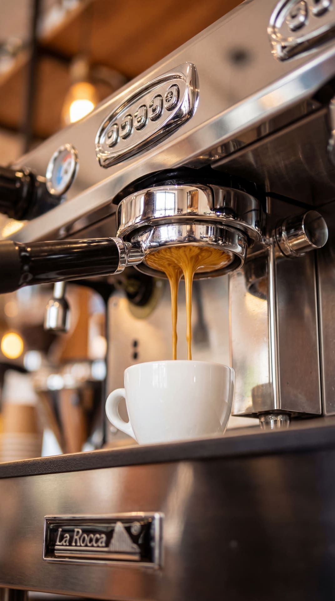 Extracción de espresso con crema dorada en máquina La Rocca
