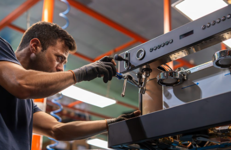 Técnico La Rocca reparando una máquina espresso
